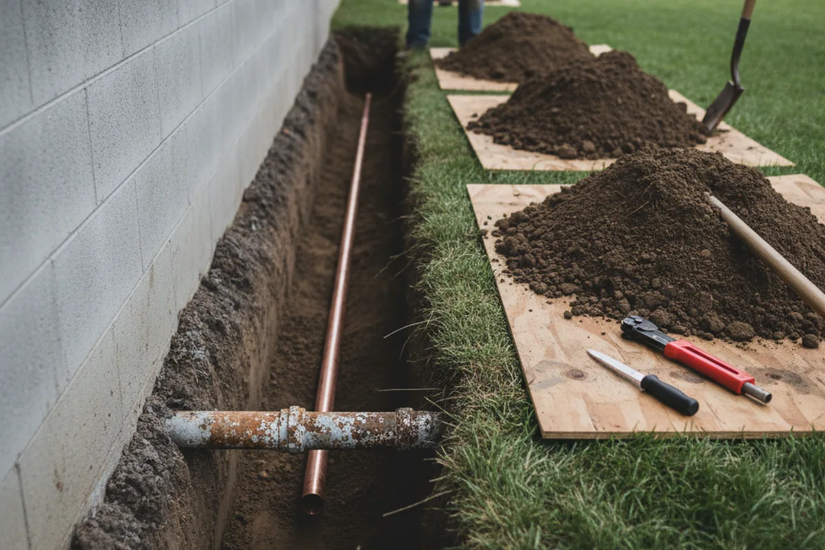Excavated water line trench during Water Heater Repair in Littleton